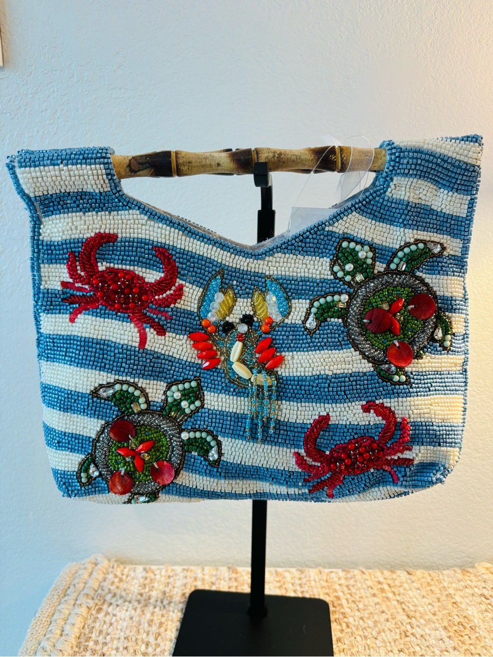 Handcrafted Beaded Nautical Purse with Bamboo Handle